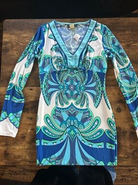 Milano Blue & Teal Printed V-Neck Long Sleeve Dress